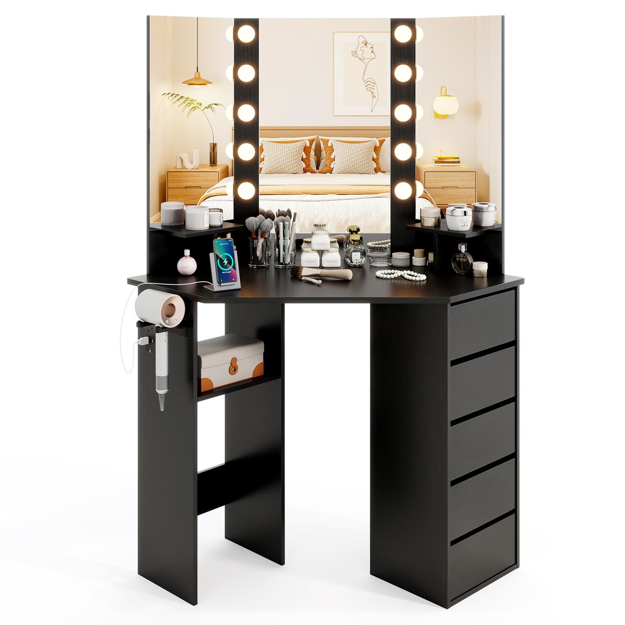 5 Drawers Corner Vanity Desk with LED Mirror and Charging Station Storage Shelves for Bedroom
